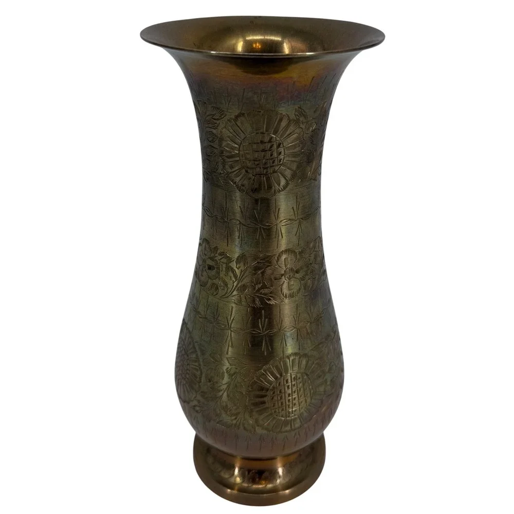 Vintage Etched Solid Brass Floral Vase Floral Design Flared Rim Made in India